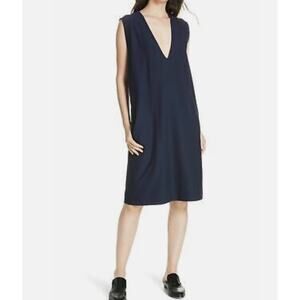 Eileen Fisher Women's V Neck shift M Dress Midnight Blue Stretchy Minimalist